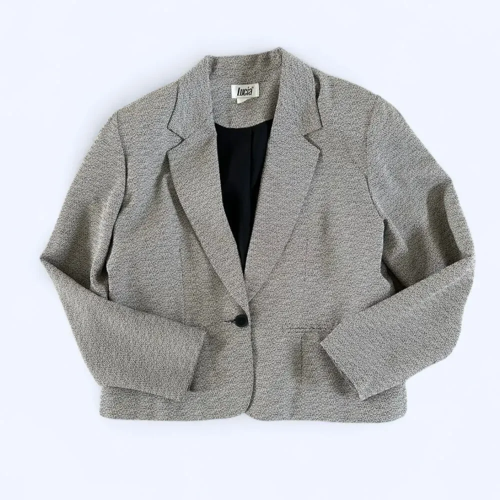 Vintage 80s Single Button Blazer Black & White Speckled Lucia size Large - Picture 2 of 7